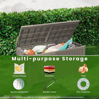 200 Gallon Outdoor Storage Bench Waterproof - Resin Deck Storage Chest for Patio & Pool, Lockable Outdoor Storage Box for Cushions & Tools, UV-Resistant, Granite Grey
