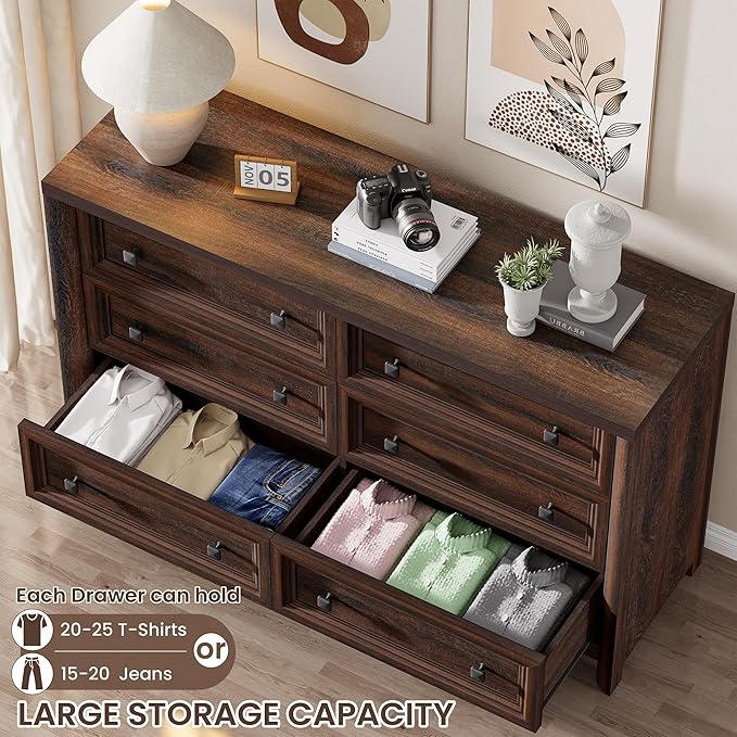 Farmhouse Walnut 6 Drawers Dresser for Bedroom, 52" Wide Chest of Drawers with Metal Knobs, Vintage Wooden Dresser TV Stand, Closet Drawer Organizer for Bedroom, Nursery
