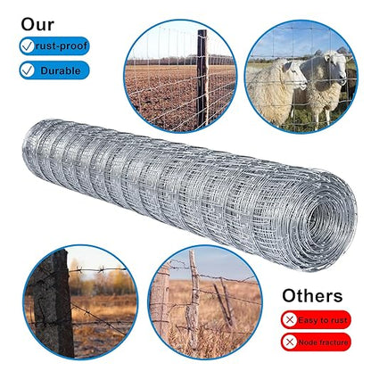 Farm Fence 6ft. x 100ft Galvanized Field Wire Fencing,Heavy Zinc Coating Cattle,Deer,Goat,Hog Wire Fence for Yard Garden & Animals Protection
