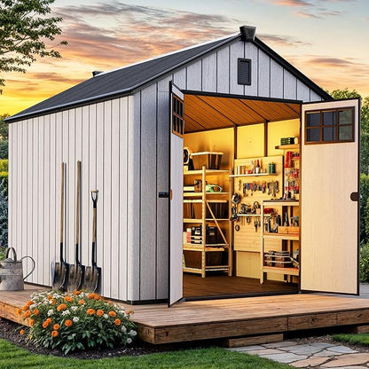 YITAHOME 8x10 FT Outdoor Storage Shed with Floor, Plastic Garden Shed for Bikes, Tools, and Pool Supplies, Outdoor Resin Shed with Lockable Doors, Windows, and Vents for Patio, Lawn, Backyard, Gray