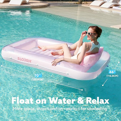 SLOOSH Inflatable Tanning Pool Lounger Float, 70" x 46" Pool Floats Adult with Pillow, 4 in 1 Suntan Tub Raft Floatie,Sunbathing Bed Lounge for Water Blow Up Kids Ball Pit Party Gifts, L-Cyan Pink