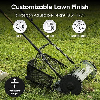 16" Push Reel Lawn Mower with Grass Catcher – Manual 5-Blade Hand Mower, Adjustable 3-Position Cutting Height (0.5"–1.75"), Lightweight & Eco-Friendly – 1-Year Warranty