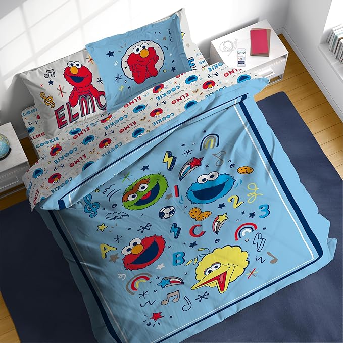Sesame Street Full Comforter Set – 7 Piece Kids Bedding Includes Comforter, Sheets & Pillow Cover – Super Soft Microfiber Bed Set with Elmo, Cookie Monster and Big Bird