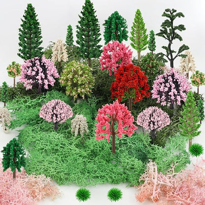 36 Pcs Mixed Model Trees with 40g Moss Pink and Green, Diorama Trees Grass Mini Fake Miniature Trees Moss for Building Model, Model Train Scenery, Natural Green Landscape, Railroad Scenery