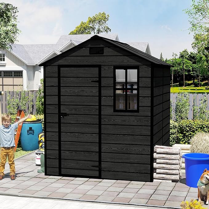 6x6 ft Outdoor Storage Shed,Garden Shed W/Window,Resin Storage Shed W/Air Vent & Lockable Door,Weatherproof Tool House W/Sloped Roof,for Backyard Patio Lawn,Black