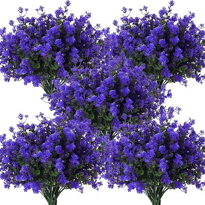 RECUTMS Fake Outdoor Flowers Artificial Flowers Plants for Window Boxes Spring Outdoor Home Decoration, 10 Bundles Fake Faux Eucalyptus for Outside Home Planter Porch Patio Window Yard Decor(Purple)
