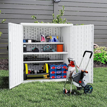 Outdoor Storage Cabinet with 2 Shelves, Waterproof Resin Vertical Tool Shed, Lockable 15 cu. ft. Storage Shed for Patio, Garden, Yard, Dark White