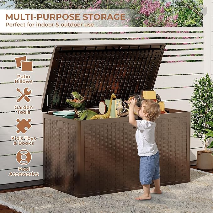 120 gal Brown Resin Deck Box, Outdoor Storage Box Waterproof Lockable, Patio Deck Box For Package Delivery, Outside Storage Box Container for Furniture Cushions, Garden Tools, Pool Accessories