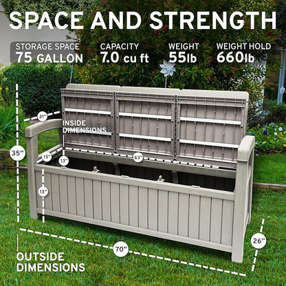 EconoHome 3 Seat Outdoor Storage Bench with Rain Cover - 90 Gallon Capacity - Weatherproof Resin Bench for Patio, Porch, Garden, Yard, Pool Area - Furniture for Pool Accessories, Gardening Tools