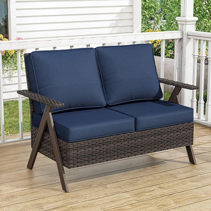 Patio Outdoor Wicker Loveseat, 2-Seat Sofa with Soft Cushion, All-Weather Outdoor Couch Patio Furniture for Balcony, Poolside, Backyard, Porch