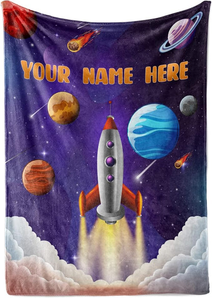Personalized Rocket Ship Blanket for Kids, Cute Custom Name Throw for Boys and Girls, Fun Outer Space, Galaxy, and Planets, Soft and Plush, Birthday and Christmas, (Sherpa 60x80)