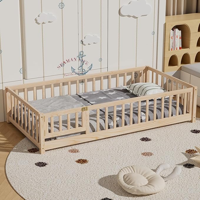 i-POOK Twin Floor Bed for Children, Sturdy Wood Montessori Bed Frame with Wood Slats, Fence & Door, Montessori Floor Bed for Girls and Boys, Natural