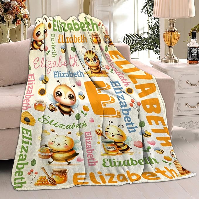 Personalized Custom Honey Bee Blanket Gifts for Kids Boys Girls with Name - Customized Honey Bee Super Soft Lightweight Flannel Sheets Decor for Crib Nap Couch - 60"x80" for Adult