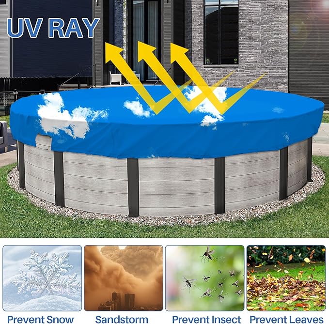 ECOOPTS 19 ft Waterproof Round Polyester Pool Cover for Above Ground Pools, Swimming Pool Cover Protector Winter Safety Cover (Blue Sky)