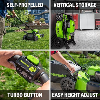 Greenworks 48V (2x24V) Cordless Yard Tool Combo - 21" Self - Propelled Mower, 12" Trimmer, Blower, 24V Multi - Tool + 3 Batteries & 2 Chargers