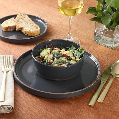 Gibson Elite Northrock Stoneware Dinnerware Set, 16-Piece Service for 4 Plates and Bowls Set – Charcoal Blue Dishes with Hand-Painted Terracotta Base
