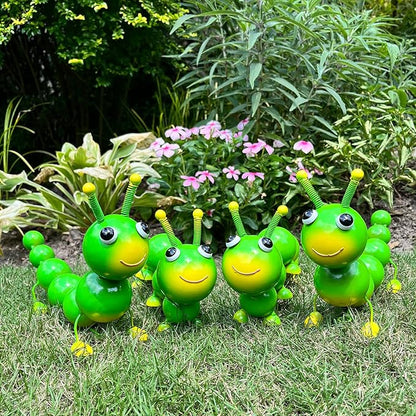 Metal Caterpillar Statue Yard Art Garden Decor for Outside Patio Lawn Ornaments Fence Decorations Gift for Family,Friends,Garden Lovers - Set of 4(Green)