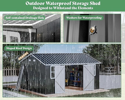 VanAcc 12x14x8.5 FT Galvanized Steel Outdoor Storage Shed with 2 4-Pane Windows Lockable Door, Nordic Cottage Shed for Backyard, Garden, Patio, Dark Grey/White