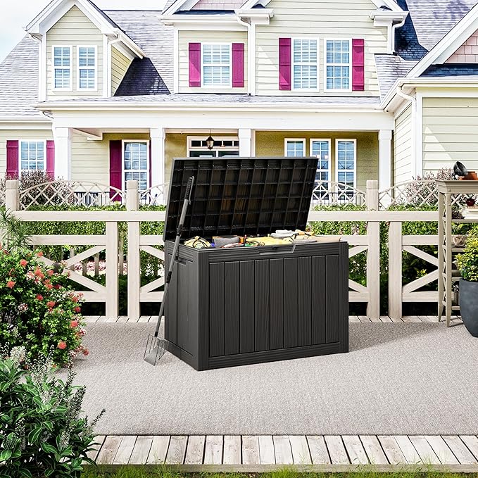 Outdoor Storage Box, Resin Deck Boxes Indoor and outdoor, Waterproof Storage Box Lockable Lid (Black, 50 Gallon)