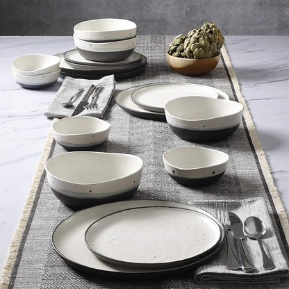 Gibson Elite Rhinebeck 16-Piece Double Bowl Dinnerware Set, Service for 4 – White and Black Stoneware Plates and Bowls
