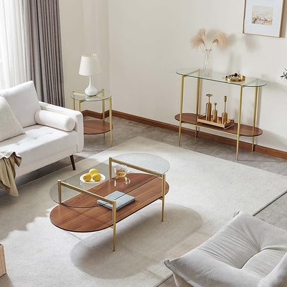 X-Large Oval Glass Coffee Table, Mid-Century Modern Design, L47 x W24 x H17 inch, for Living Room, Clear Glass Top and Walnut Finish Wood Shelf, Conical Legs with Gold Finish Frame