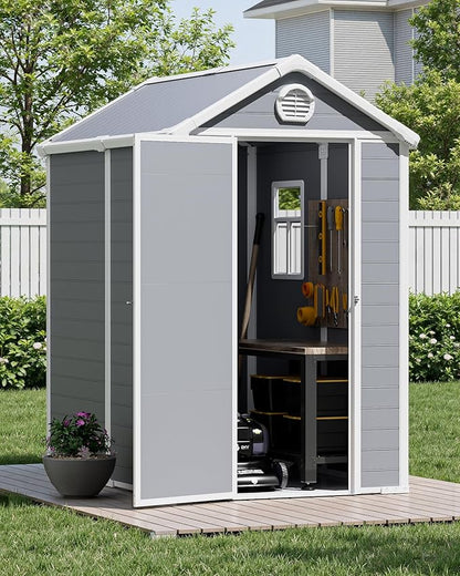 6x4.5 FT Plastic Sheds & Outdoor Storage, UV Resistant Storage Sheds Outdoor with Floor and Window, All-Weather Garden Resin Tool Shed for Lawn Mower, Yard Tools, Bike, Light Grey