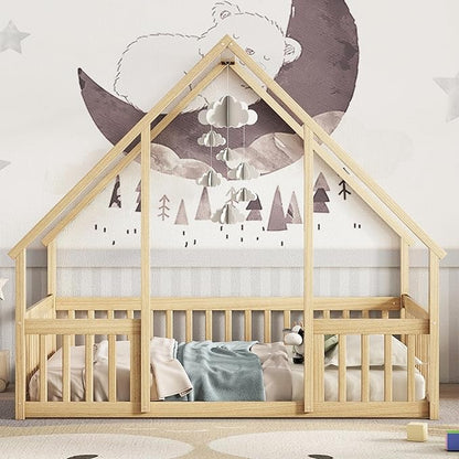 Bellemave Full Floor Bed for Kids, Girls, Boys, Wood House Bed Frame, House Floor Bed for Kids, Full Size Montessori Floor Bed with Fence, Playhouse, Natural