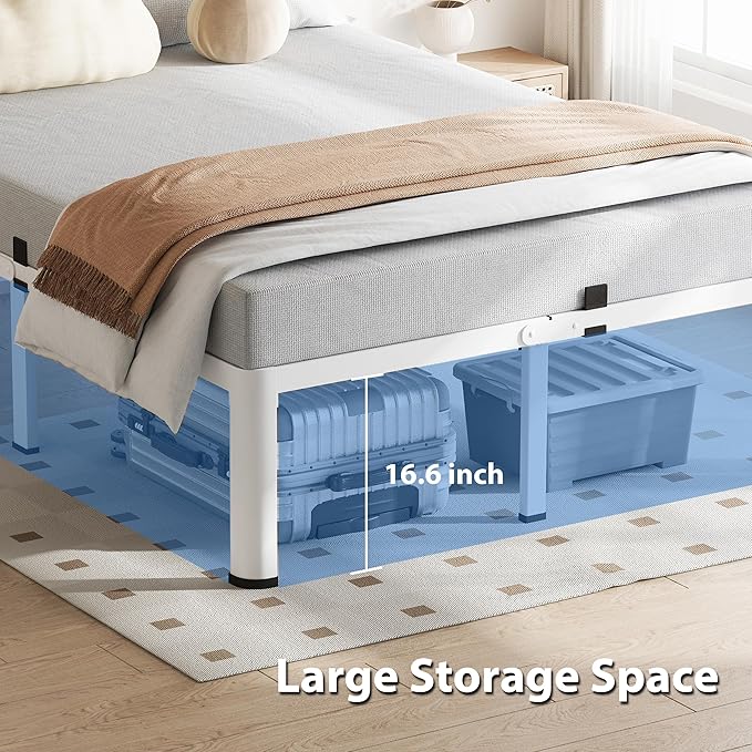 18 Inch King Size White Bed Frame, 3500Lbs Heavy Duty Metal Platform with Round Corner Legs Mattress Slide Stopper, Steel Slat Support No Box Spring Needed, Noise Free, Non-Slip, Easy Assembly