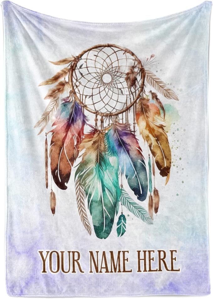 Personalized Dream Catcher Blanket with Colorful Boho Feather Graphic, Cute Custom Name Throw for Kids or Adults, Soft and Plush, Birthday Gift for Women or Men, Big Colorful (Fleece 30x40)