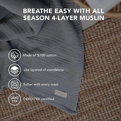 Goqan Throw Blanket 55x60 – 100% Cotton 4 Layer Boho Muslin Blanket for Adults, Lightweight, Soft, Breathable for Bed, Couch, Picnic - Light Grey