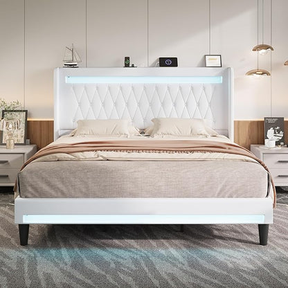 Allewie Upholstered King Size Platform Bed Frame with LED Light and Charging Station, Button Tufted High Headboard, Wingback Design, Noise Free, Easy Assembly, No Box Spring Needed, White