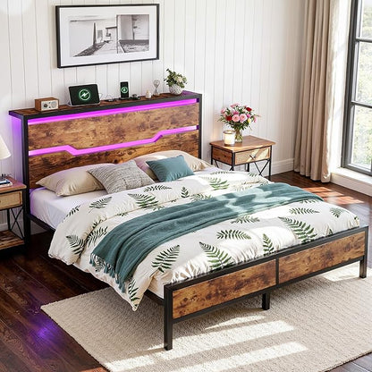 Full Size Bed Frame with LED Lights & Charging Station, Bed Frame Full with Headboard,13" Under Bed Storage, Noise-Free Heavy Duty Metal Support, Modern Brown