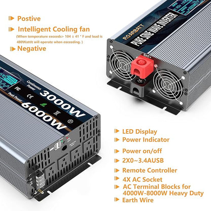 3000W Pure Sine Wave Power 12V Inverter DC to AC 110V 120V Peak Power 6000W with Remote Control 4 AC Outlets,Dual USB Port,LED Display AC Terminal Blocks for Power Inverter Truck RV Car Solar System