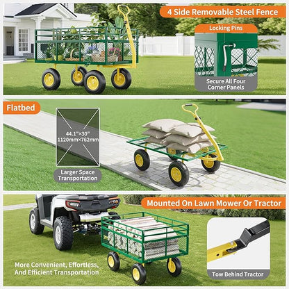 1400LB Capacity Garden Cart, 3-in-1 Heavy Duty Utility Wagon with 13" All-Terrain Tires, Removable Mesh Sides & 180° Swivel Handle - Outdoor Yard Cart for Gardening, Farming, Patio Use