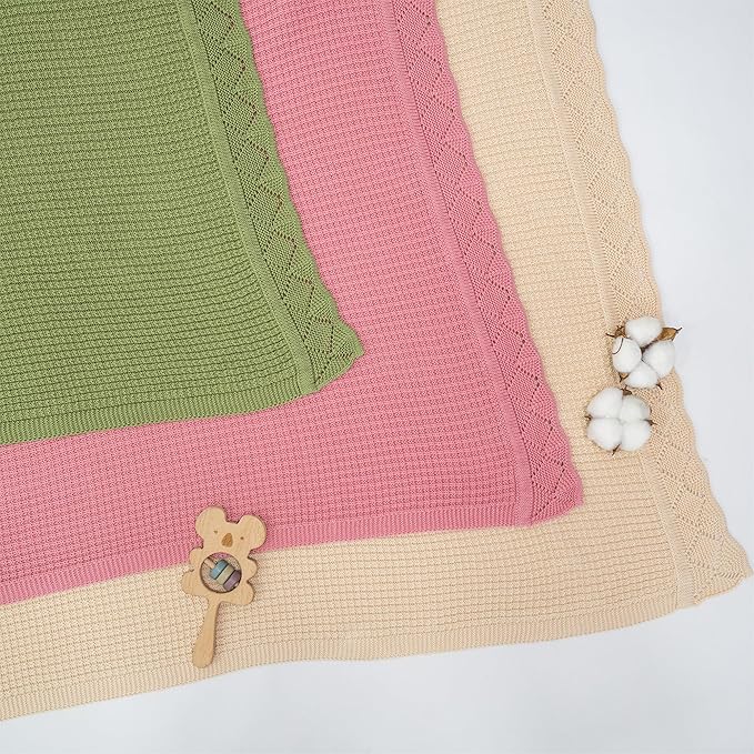 Baby Knit Blanket, 100% Cotton Waffle Patterns, Soft, Cozy, Lightweight Swaddle for Newborn & Infant Swaddling Beige Neutral, Perfect Baby Shower Ideas Red 28x36