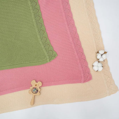 Baby Knit Blanket, 100% Cotton Waffle Patterns, Soft, Cozy, Lightweight Swaddle for Newborn & Infant Swaddling Beige Neutral, Perfect Baby Shower Ideas Red 28x36