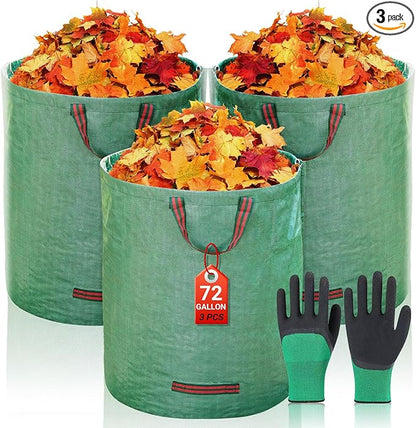 72 Gallon Yard Waste Bags, Reusable Heavy Duty Collapsible Garden Leaf Bags with Plastic Ring, Garden Waste Container for Clean Up Outdoor Debris Leaves Grass Clippings (Green, 3 Pack)