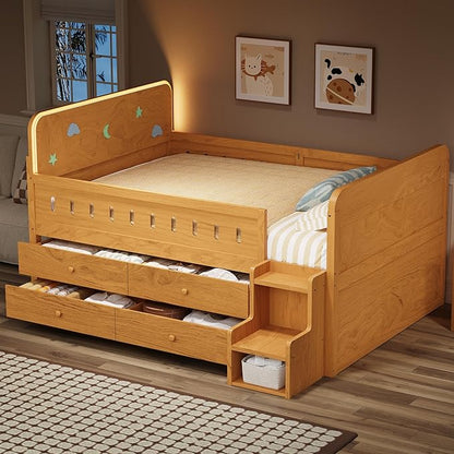 Full Size Platform Bed with Guardrail and 4 Drawers, Wooden Kids Platform Bed Frame with Two-Step Staircases and Light Strip for Boys Girls, Sturdy Slats Support (Wood-11A)