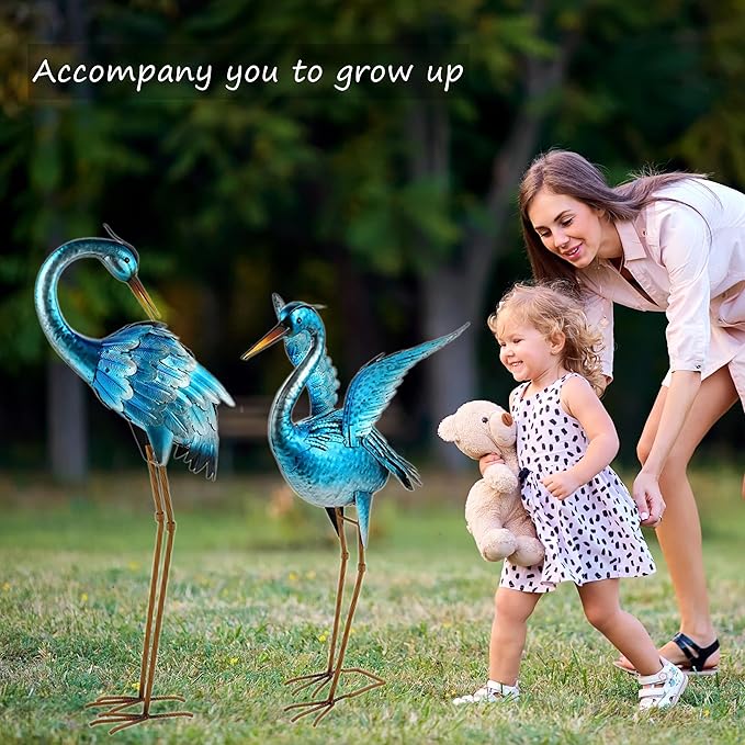 Garden Crane Statues for Outdoor Blue Heron Metal Birds Yard Art Ornaments for Backyard Pond Patio Porch Outside Decorations