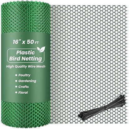 16IN x 50FT Plastic Chicken Wire Mesh, Chicken Wire for Floral Arrangements, Chicken Wire Mesh for Crafts with 100 Pcs Zip Ties, Mesh Fence for Dogs, Deers, Poultry