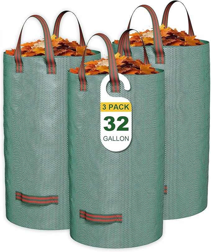 GreatBuddy 32 Gallon Reusable Yard Waste Bag, Heavy Duty, Upright Lawn Bags with 4 Reinforced Handles for Garden Leaves and Waste Collection, Lightweight and Portable (3 Pack)