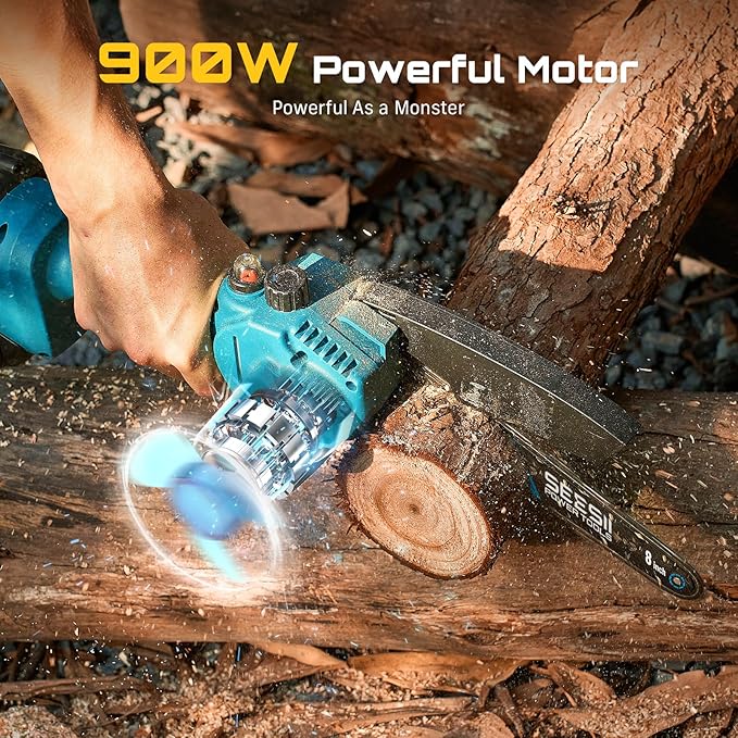 SEESII Mini Chainsaw 8 inch,Cordless Chainsaw w/ 2pcs 2000mAh Batteries,Oiler System & Replacement Chain,Handheld Chain Saw w/Safety Lock,Battery Powered Chain saw for Wood Tree Cutting,CH820+