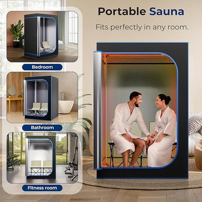 SereneLife Portable Sauna for Home, 2-Person Steam Sauna Tent with 4L Steamer, 2 Foldable Sauna Chairs, Remote Control for in-Home Spa Rejuvenation, 71"x47" (Black)