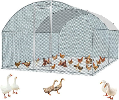 VINGLI Large Metal Chicken Coop, 13.1x9.8 6.5 ft Poultry Cage for Chicken Run, Walk-in Chicken Pen with Waterproof & Anti-UV Cover for Yard Outdoor (Silver-Dome Roof)