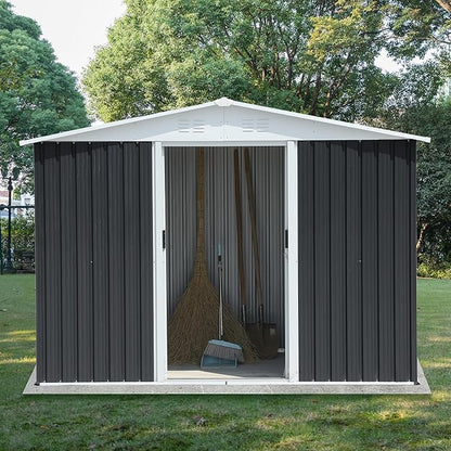 8x6 FT Outdoor Storage Shed,Metal Shed with Sliding Door & Air Vent,Garden Shed W/Sloped Roof,All Weather Waterproof Tool House for Backyard,Patio,Garage,Lawn,Grey