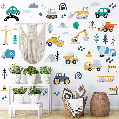 AOWDIAO Construction Vehicle Wall Decals – 90Pcs Reusable Peel and Stick Vinyl Stickers for Kids’ Room, Nursery & Playroom – Removable Truck Decoration for Boys & Toddlers