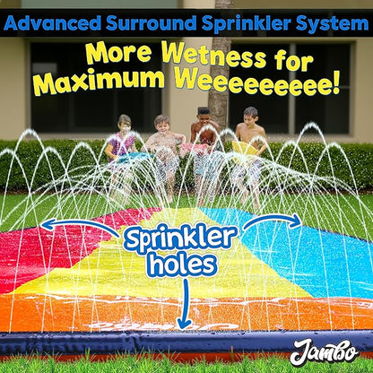 JAMBO Premium 16Ft Slip Splash and Slide and 3 Bodyboards, Heavy Duty Water Slide - 3-Way Sprinkler System, Splash Mat Pad, Backyard Outdoor Water Toys n Slides for Kids