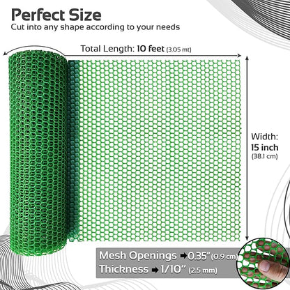 QueenBird Green Plastic Wire Mesh Fence 15.7IN x 10FT Roll - Ideal for Poultry, Dogs, Rabbit, Snake Barrier & Gardening - Durable Plastic Chicken Wire Mesh - Versatile Plastic Fencing&Netting Solution
