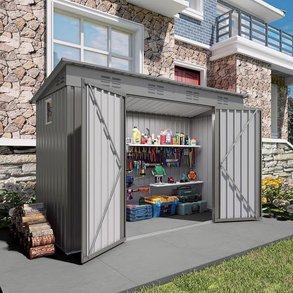 9x4 FT Lean to Shed with Window, Metal Sheds & Outdoor Storage with 6 Vents and 2 Swing Doors, Outdoor Storage Shed Waterproof for Backyard, Garden, Patio, Gray