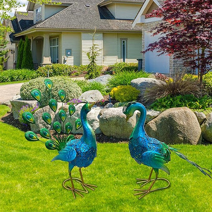 2 Pack Beautiful Peacock Outdoor Garden Statue Ornament Realistic Metal Peacock Lawn Yard Patio Decorations Art Sculpture Outside Decor Gift for Women Grandma Birthday,16" 20" Tall Blue Peacock